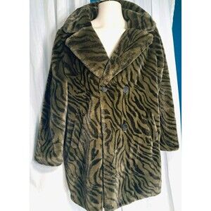 Esqualo Long Zebra Faux Fur Jacket Coat Dark Green Black Size 12 UK 42